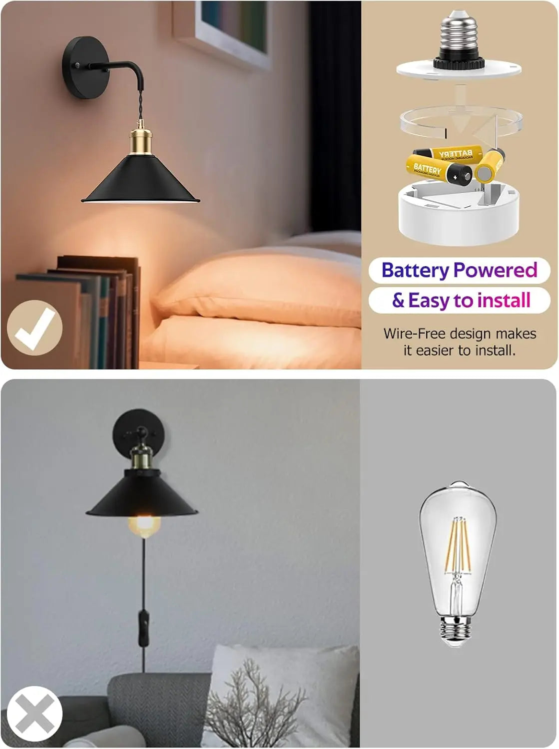 Royallure Trådlös Vägglampa Set om 2 med Fjärrkontroll – Dimmbar RGB Vägglampor med Timer & Minne Funktion Carvallo