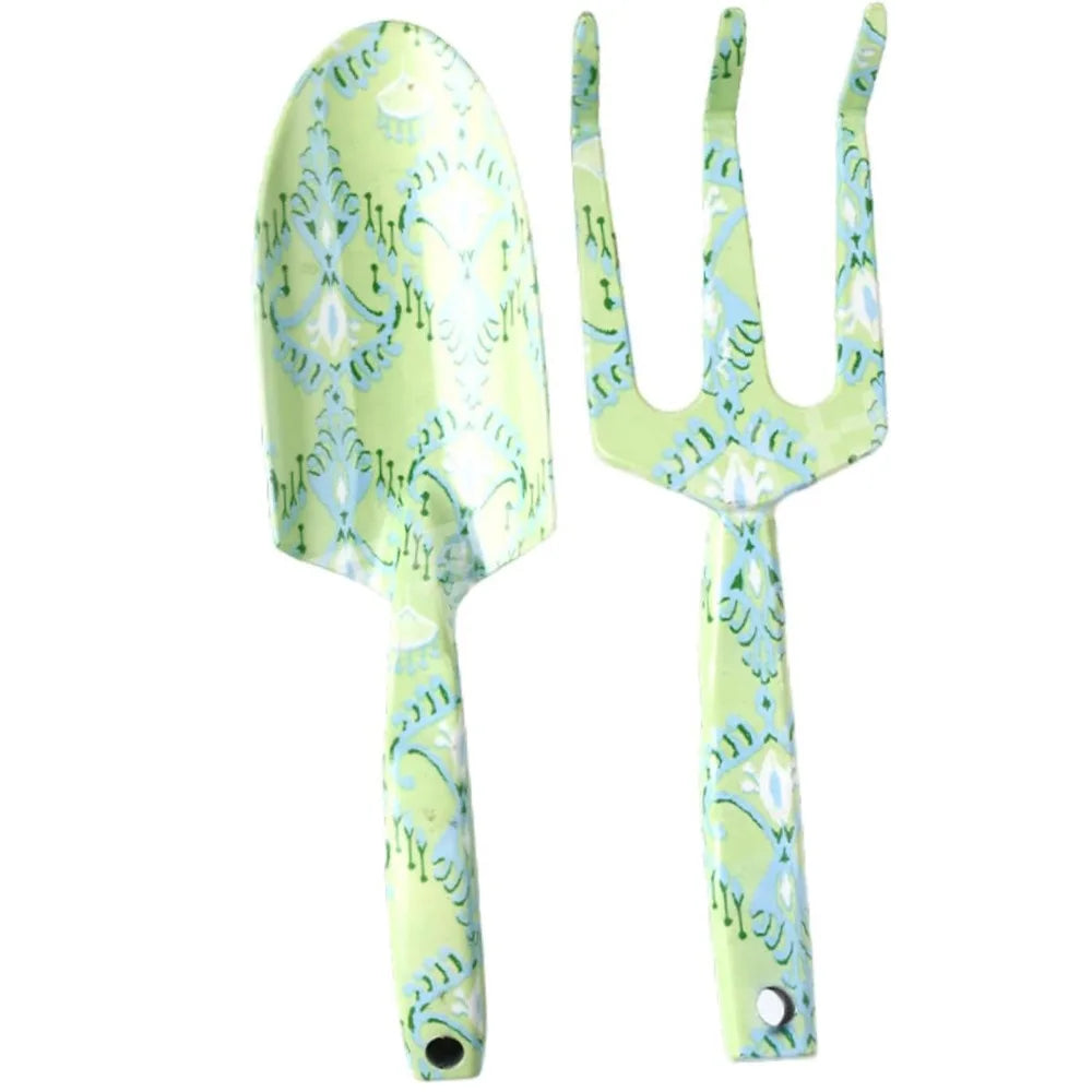 Carvallo GardenSet Trädgårdsverktygssats i rostfritt stål | 2-delad: Handskovel & Blomgaflar | 26–29,5 cm | Blommönster i 6 färger Carvallo