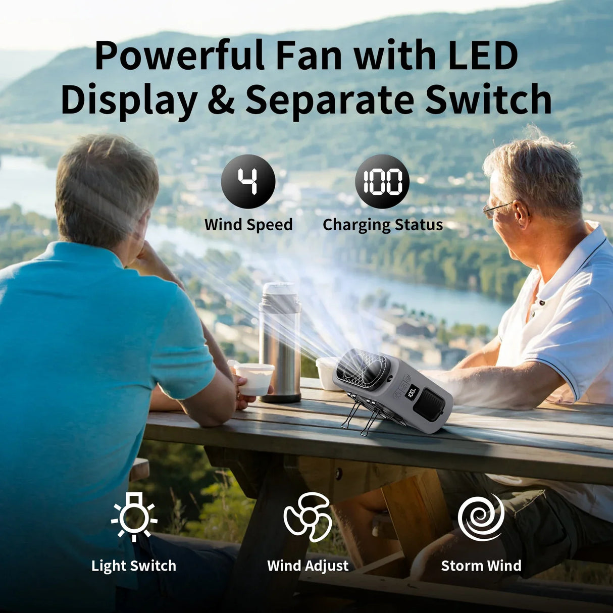 Carvallo StormClip Bärbar Utomhus-Bältesfläkt 2025 | 5-stegs Turbo-Vind | 360° Vridklipp | Powerbank & LED-ljus Carvallo