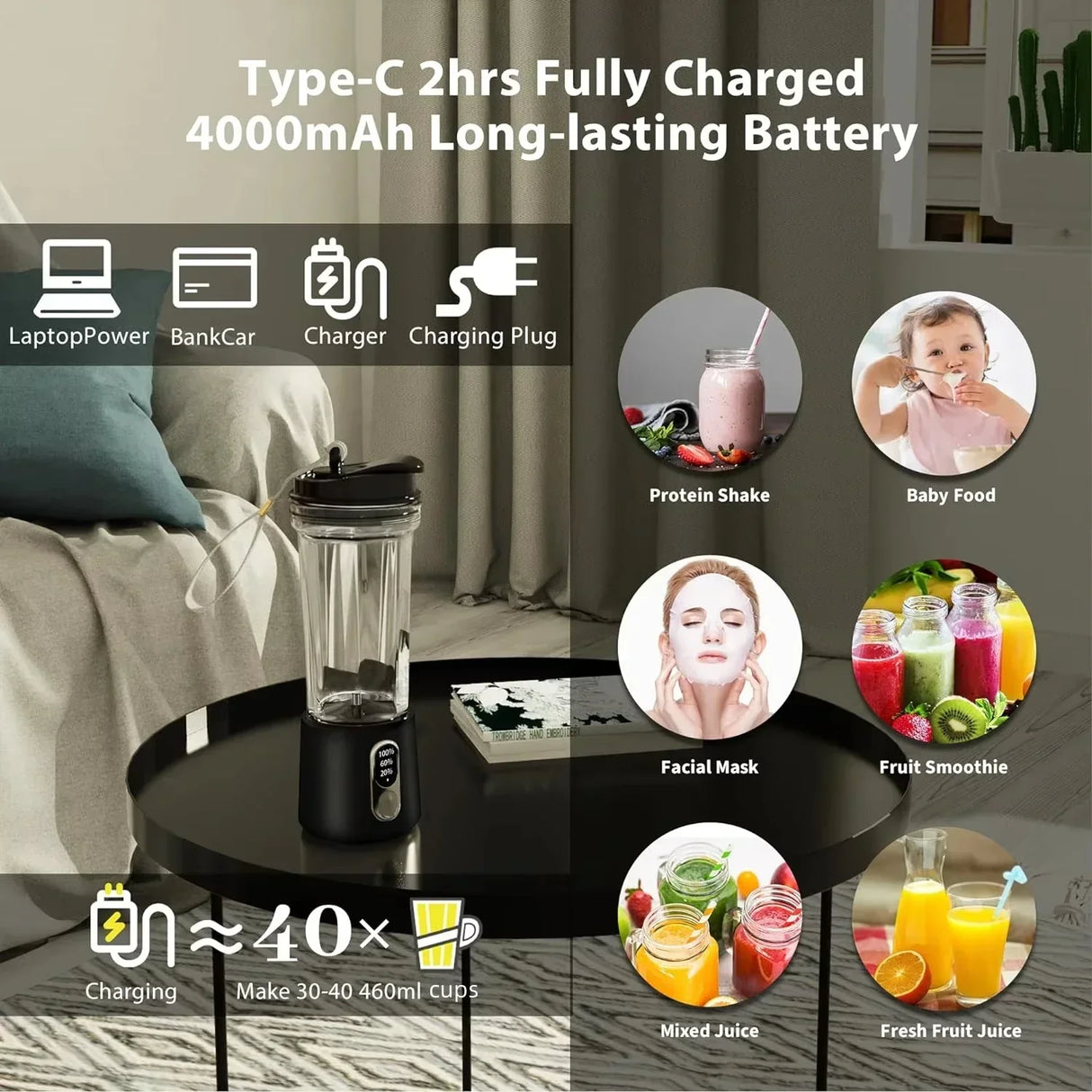 Carvallo Handmixer | Bärbar USB-fruktblandare med 18 000 varv/min | Trådlös & kompakt | För smoothies & juicer på språng Carvallo