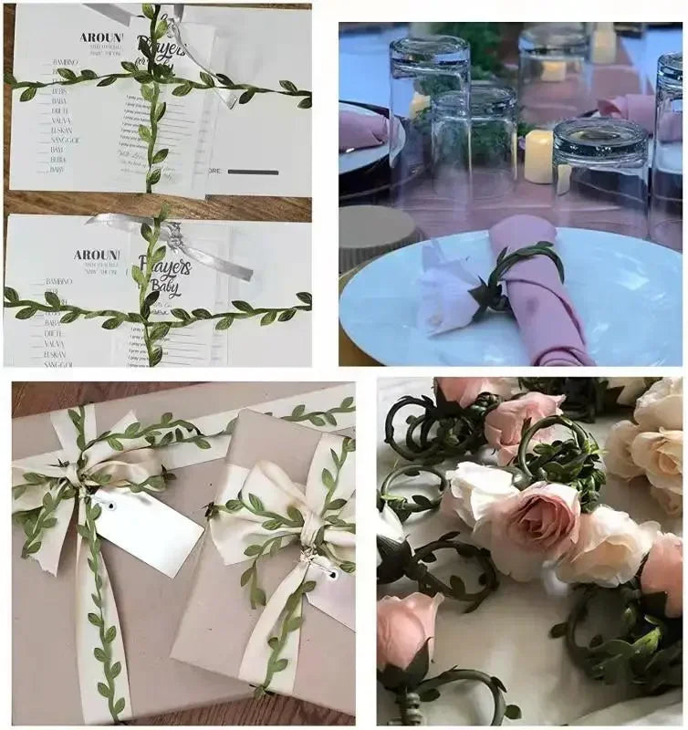 Carvallo Dekoband med konstblad | Grönt bladband | För DIY, bröllop, borddekoration & presentförpackning Carvallo