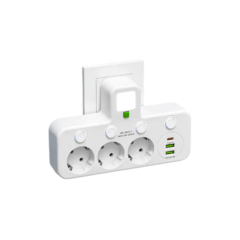 Carvallo VOLTRIQ ProLine | 3–4 uttag + 2× USB & 1× Typ-C | 2500 W | Överspänningsskydd & Kontrollswitch Carvallo