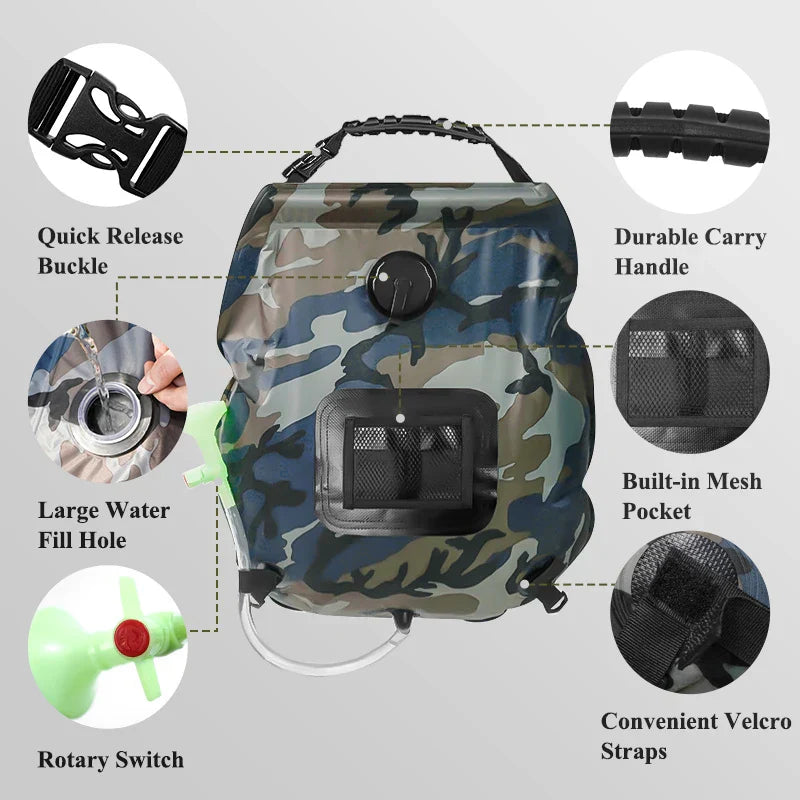 Carvallo SunFlow | 20L volym | Bärbar & Självuppvärmande | Med duschhuvud & slang Carvallo