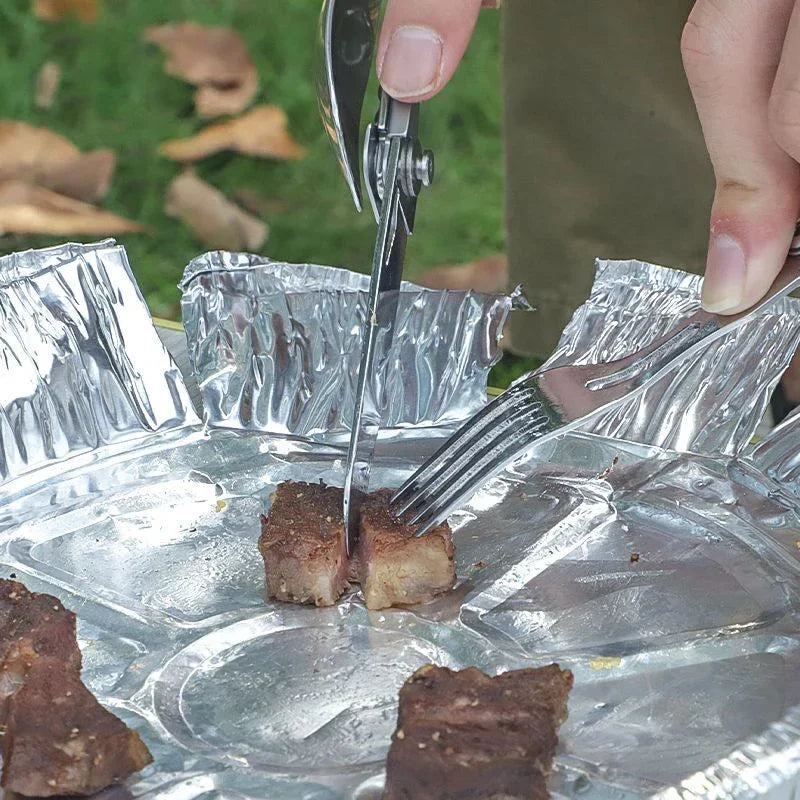 Carvallo Outdoor-Bestick 6-i-1 | Fällbart multifunktionellt bestick i rostfritt stål | Kniv, gaffel, sked, burköppnare & flasköppnare | För camping & trekking Carvallo