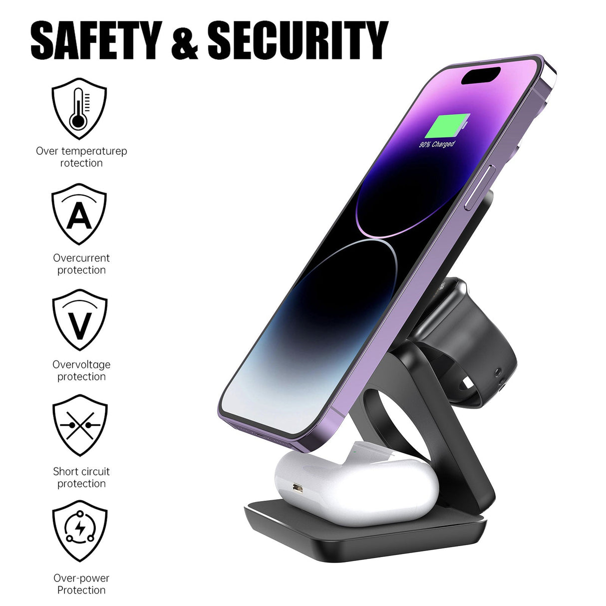 3 i 1 Snabb Magnetisk Fällbar Trådlös Laddare För iPhones, AirPods och Apple Watches Carvallo