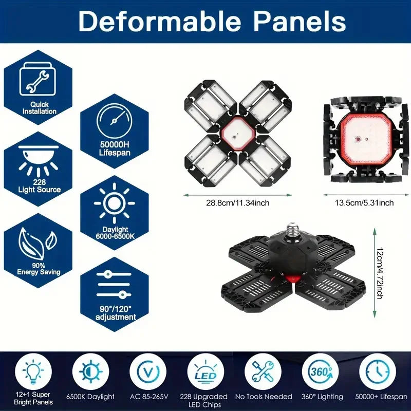 Carvallo LED Garage Lamp | Foldable Ceiling Light with 3–12 Adjustable Panels | E27 Socket | 6500K Daylight – For Workshop, Warehouse & Garage Carvallo