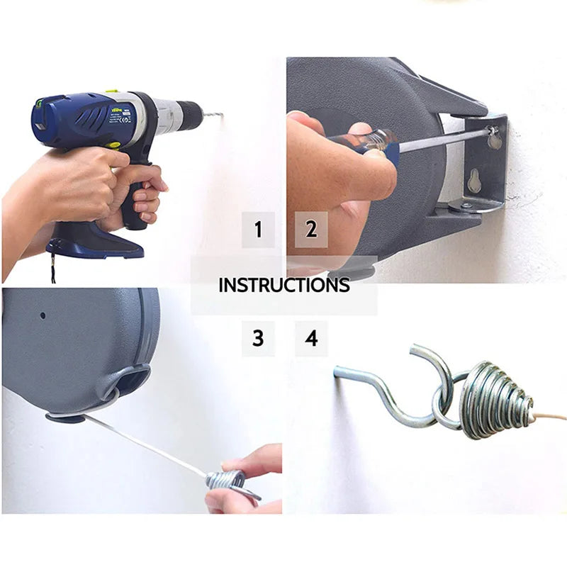 Carvallo Teleskop-tvättlinje | 12 Meter utdragbar tvättlina | Automatisk inrullning | För inomhus & utomhus Carvallo