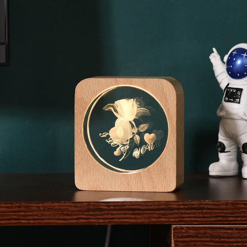 LumiWood - 3D Trä Nattlampa med Gravyr och Varm LED-belysning Carvallo