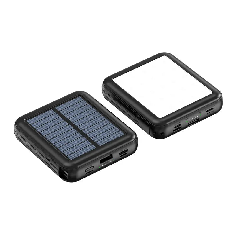 Carvallo Powerbank ENERIVIA Mini 20000mAh | Integrerade kablar | Solarladdning & LED-lampa | 4 utgångar & 3 ingångar | Snabbladdningsfunktion Carvallo