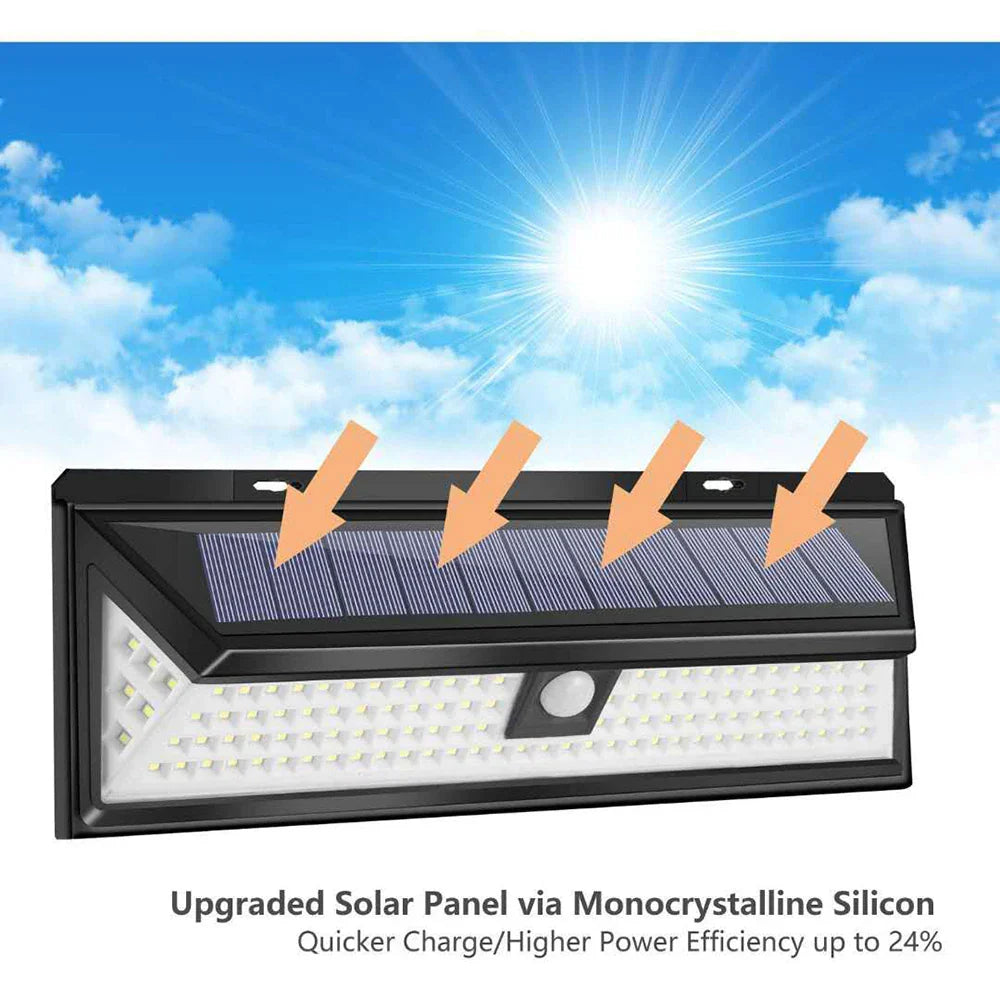 Carvallo 102 Solarlampa utomhus med rörelsesensor | 102 LEDs | 3 belysningslägen | IP65 vattentålig | 270° vidvinkel för gård, trädgård och uppfart Carvallo