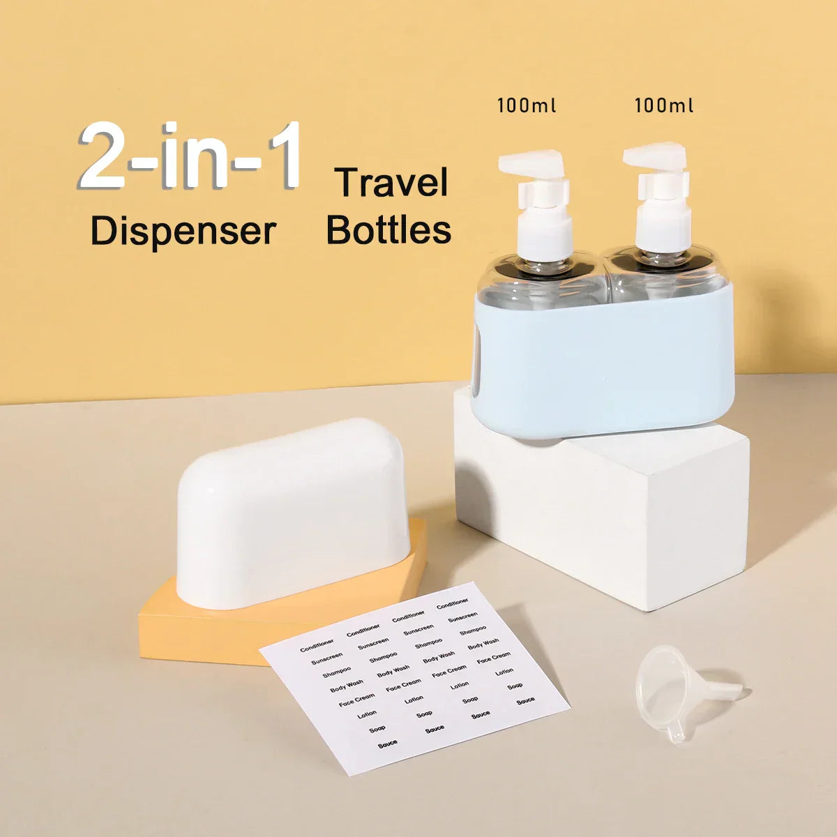 Carvallo Reseflaskor Set 2-i-1 | 100 ml Kombiflaske med tratt & etiketter | För schampo, duschgel, lotion | Läcksäker & TSA-godkänd Carvallo