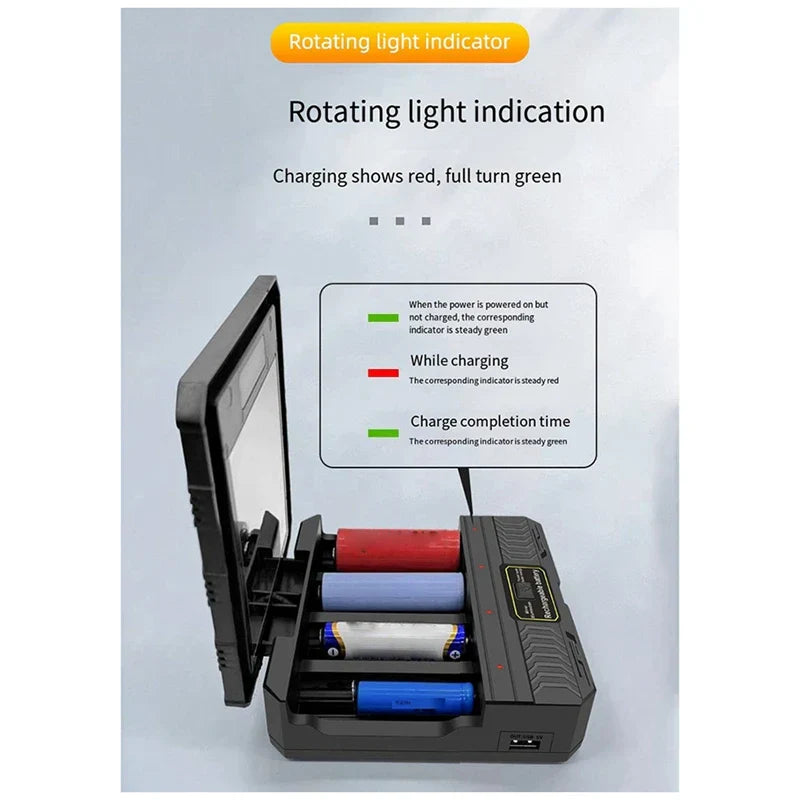 Carvallo Gear Solarladdare Utomhus | 4-faldig Batteri-Slot & LED-Lampa | Powerbank-Funktion | Svart Carvallo