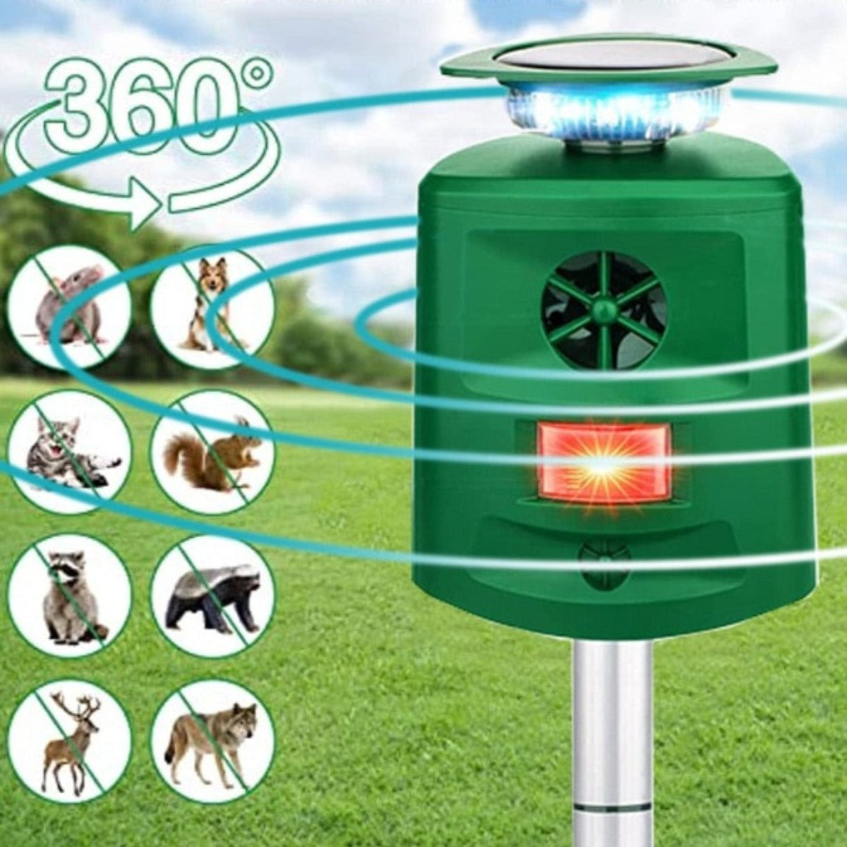 Carvallo Solar Djuravskräckare Ultrasonic | 360° Rörelsesensor | 5 Läge & Ljus-signaler | Väderbeständig & Miljövänlig Carvallo