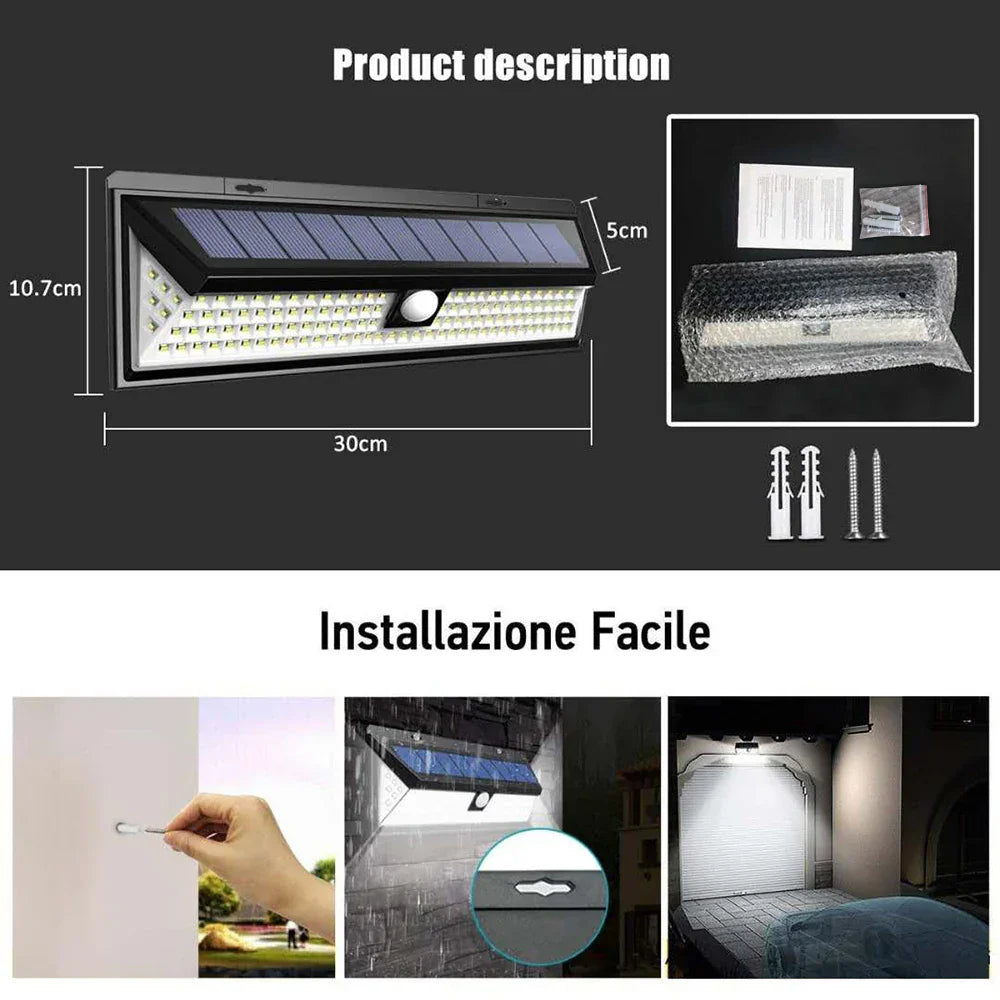 Carvallo 102 Solarlampa utomhus med rörelsesensor | 102 LEDs | 3 belysningslägen | IP65 vattentålig | 270° vidvinkel för gård, trädgård och uppfart Carvallo
