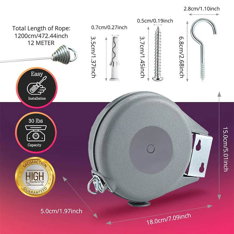 Carvallo Teleskop-tvättlinje | 12 Meter utdragbar tvättlina | Automatisk inrullning | För inomhus & utomhus Carvallo