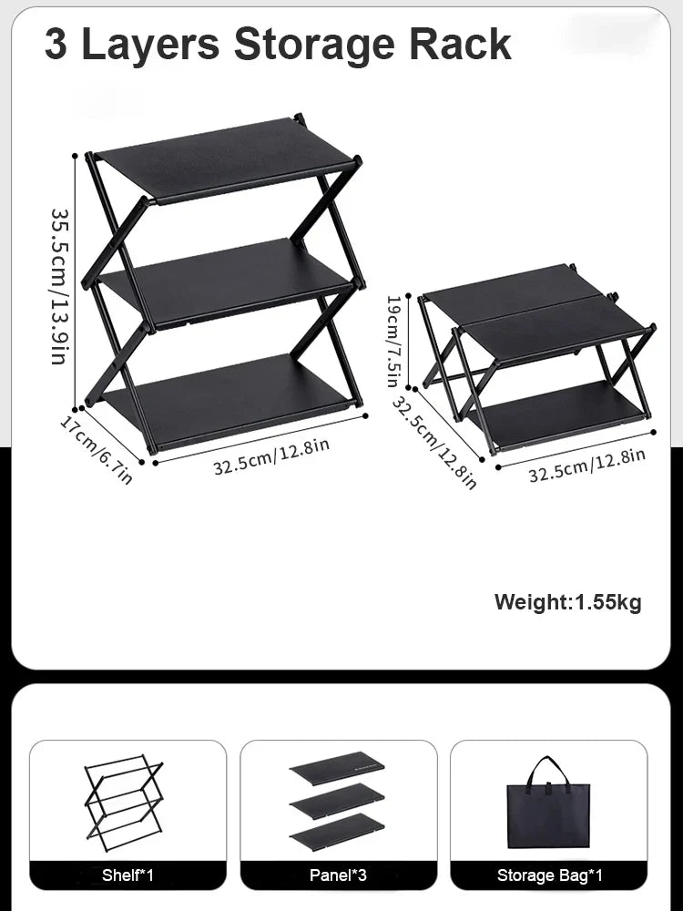 Carvallo Fällbart Campingställ | 3 Nivåer | Bärbart & Stabilt | Utomhus Förvaringshylla för Picknick, BBQ & Camping Carvallo