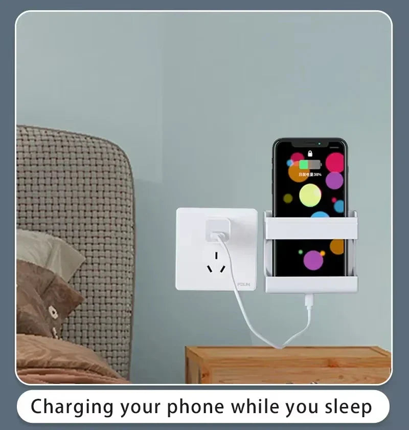 Carvallo FlexMount 2-pack väggfäste mobil- & fjärrkontrollbox | Självhäftande & borrfritt | Med krok & laddkabelöppning | För sovrum & badrum Carvallo