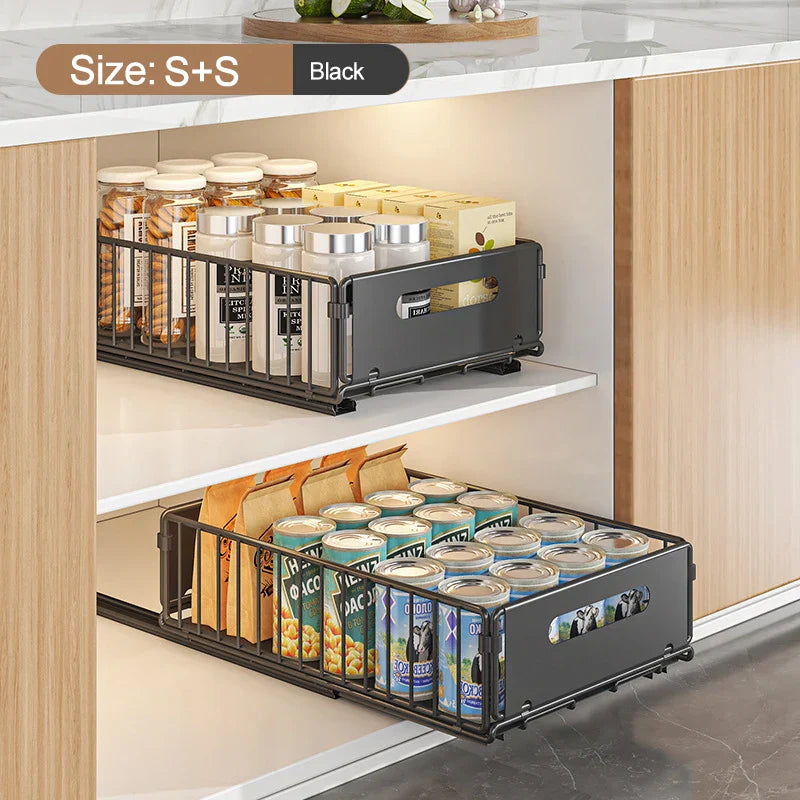 Carvallo Utdragbar köks hylla med låda | Metall-organisatör för kryddor & rengöringsmedel | Inga borrningar behövs Carvallo