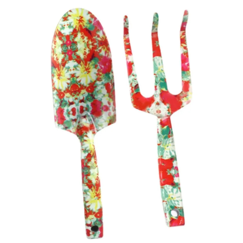 Carvallo GardenSet Trädgårdsverktygssats i rostfritt stål | 2-delad: Handskovel & Blomgaflar | 26–29,5 cm | Blommönster i 6 färger Carvallo