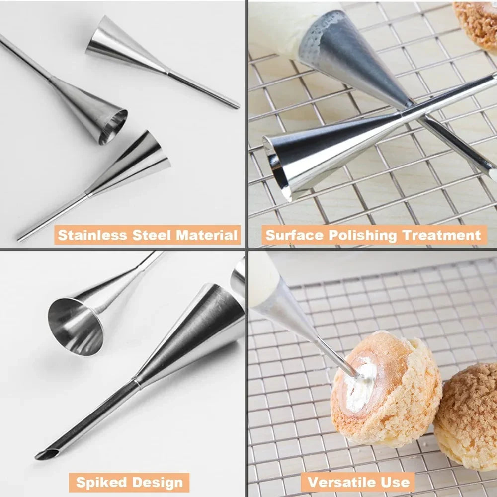 Carvallo Pro Rostfritt Stål Spritstyllar Set 3-delar | Lång tyll för Profiteroles & Fyllkräm | Bakningstillbehör för Tårtor, Cupcakes & Patisserie Carvallo