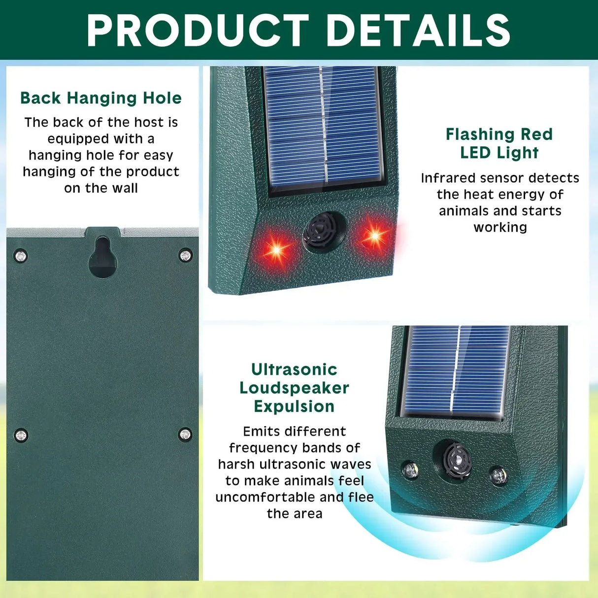 Carvallo Ultrasonisk Fågelavskräckare Solar | Med LED & Rörelsesensor | Vattentät IP58 | 600 m² Täckning Carvallo