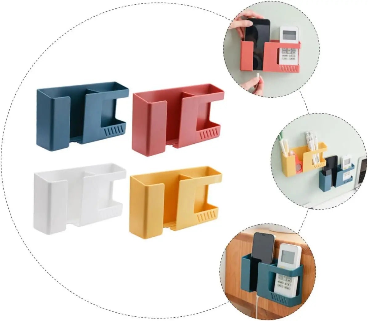 Carvallo Väggfäste utan borrning | Multifunktionell fjärrkontroll- & mobilhållare med krok – 17×9×3,8 cm Carvallo