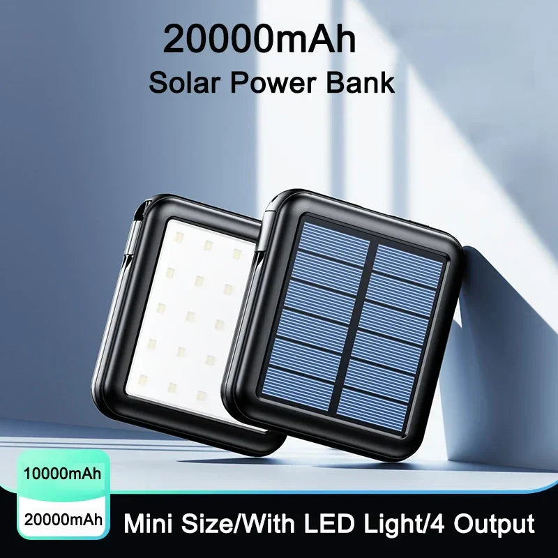 Carvallo Powerbank ENERIVIA Mini 20000mAh | Integrerade kablar | Solarladdning & LED-lampa | 4 utgångar & 3 ingångar | Snabbladdningsfunktion Carvallo