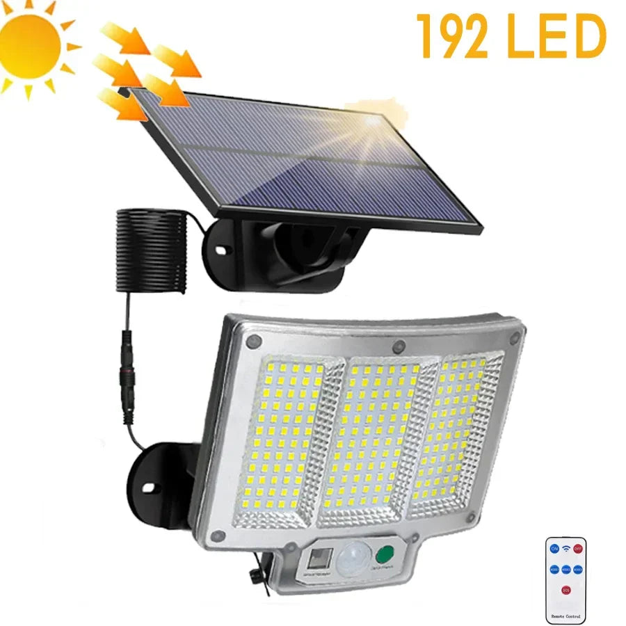 Carvallo Solar Vägglampa med Rörelsesensor | 192 LEDs | Avtagbar Solpanel med 5 m Kabel | 4 Läge & Fjärrkontroll | IP65 Vattentålig Carvallo