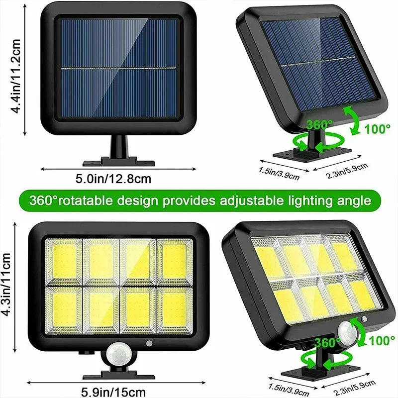 Carvallo Solar | 100 COB LED Solarlampa | IP65 | Rörelsesensor & 3 lägen | Trådlös utomhusbelysning Carvallo