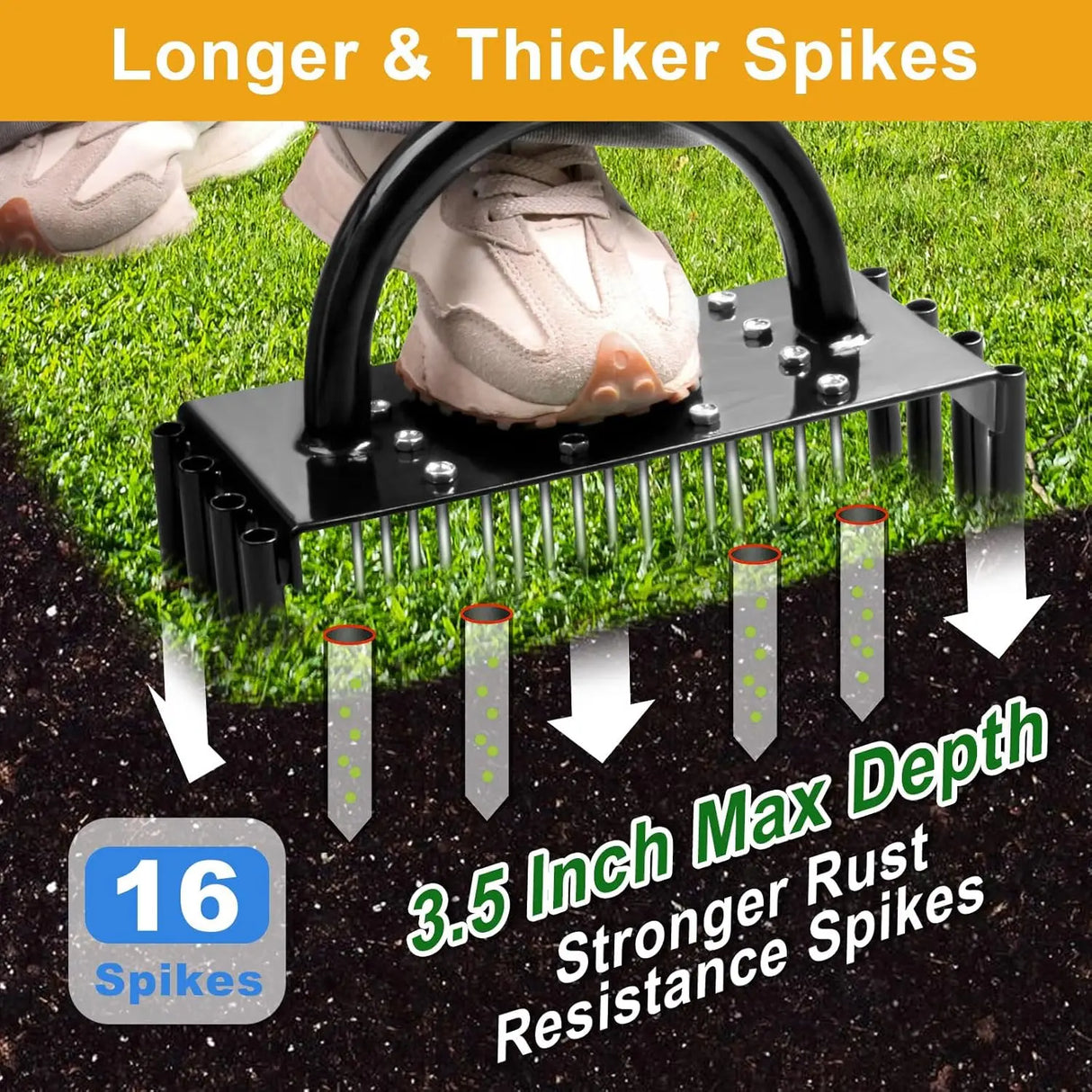Carvallo AirCore Pro 2-i-1 Handgräsmatta-luftare av stål | Med 16 spikar & 8 jordkärnor | För trädgård, gräsmatta & markvård Carvallo