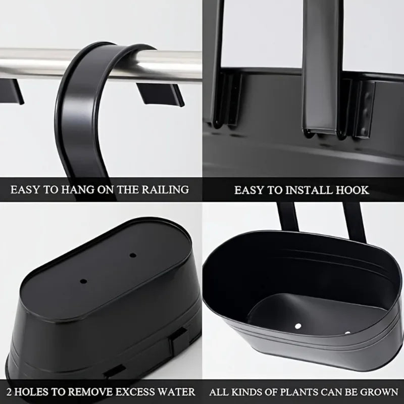 Carvallo Balkongkärl | Hängande växtkärl i metall med krok | Rostfri & Med vattenavlopp | Svart eller Vit Carvallo