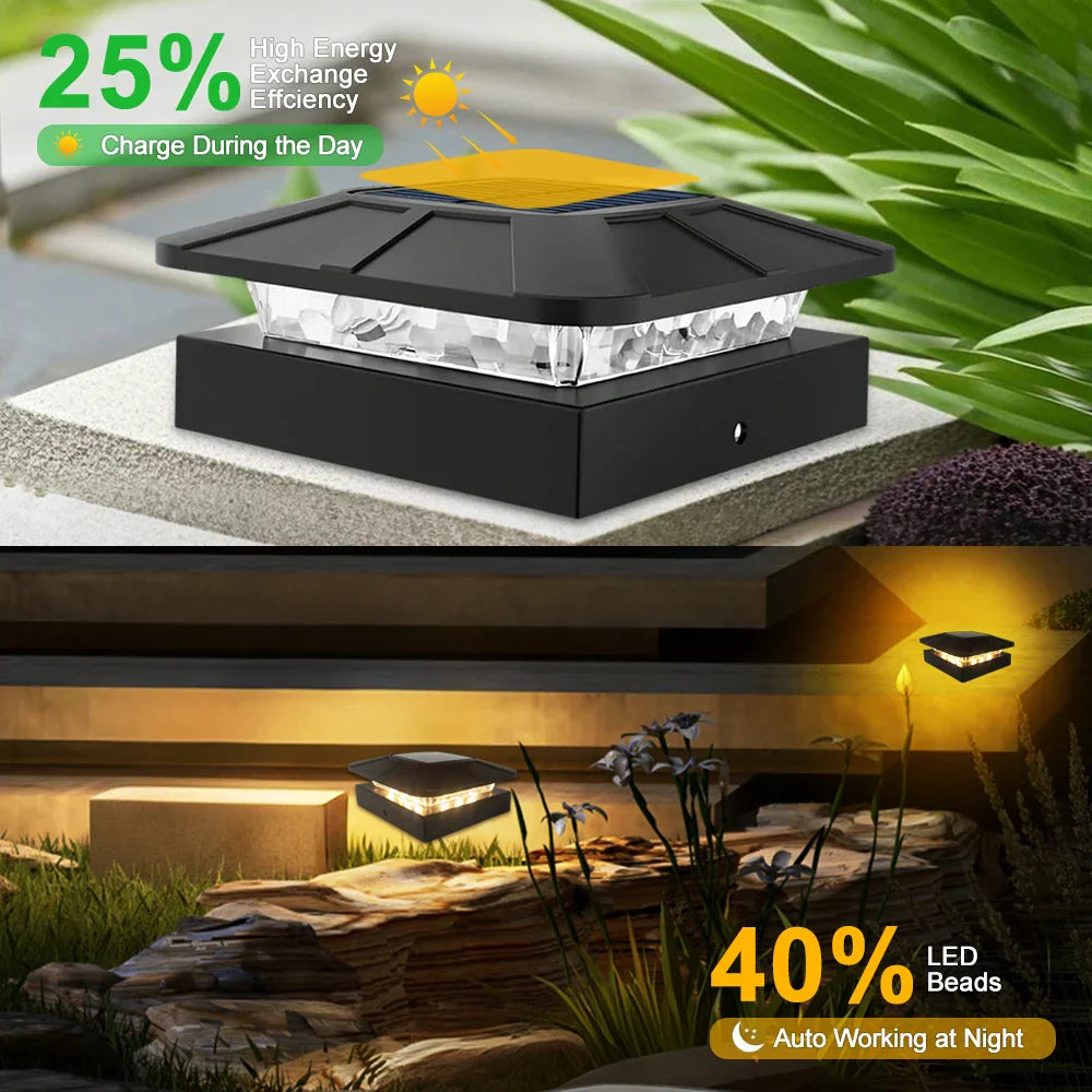 Carvallo Solar-postkapsljus 10 × 10 cm | 3-färgers LED med 2 ljusstyrkenivåer | IP65 solstaketljus för trädgårdsträdpålar Carvallo