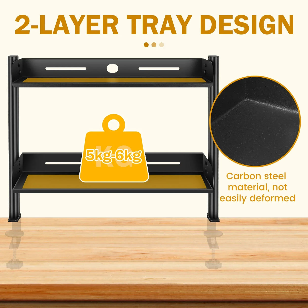 Carvallo Pro Tvåvånings skrivbordshylla med klämma | Platsbesparande organiserare | Höj- och sänkbar & utan borrning | 44 × 39 × 15,5 cm Carvallo