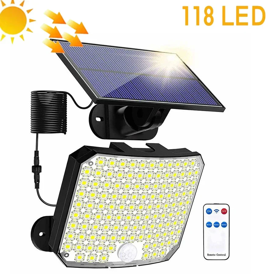 Carvallo Solar Vägglampa med Rörelsesensor | 192 LEDs | Avtagbar Solpanel med 5 m Kabel | 4 Läge & Fjärrkontroll | IP65 Vattentålig Carvallo