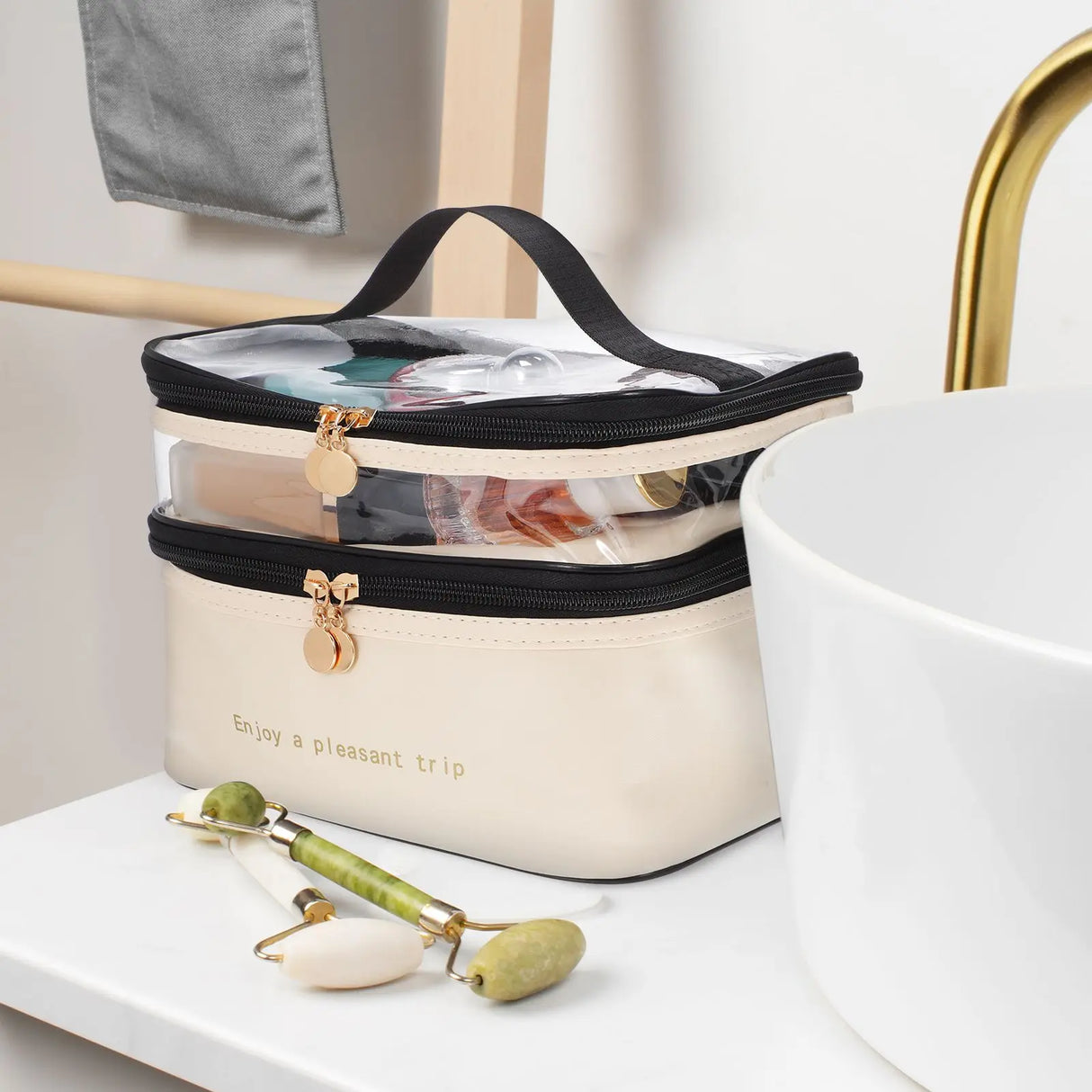 Carvallo TravelCase Kosmetiktasche mit Doppelkammer | 23 × 17 × 16 cm | Vattentålig & Transparent | För resor & skönhetsprodukter Carvallo