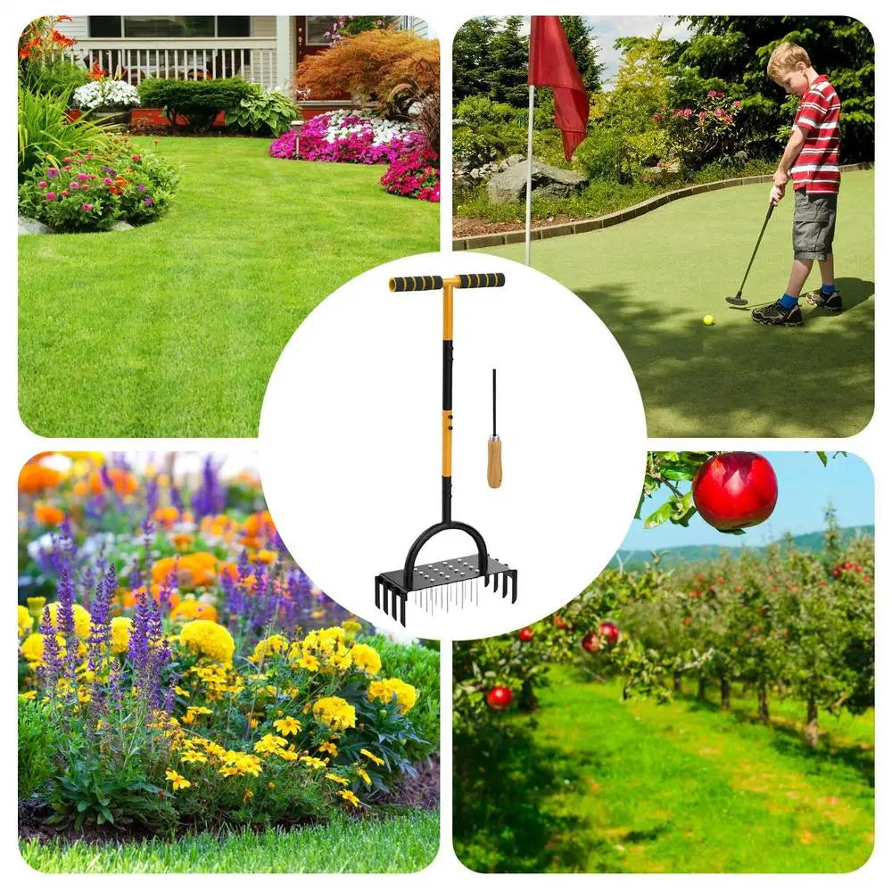 Carvallo AirCore Pro 2-i-1 Handgräsmatta-luftare av stål | Med 16 spikar & 8 jordkärnor | För trädgård, gräsmatta & markvård Carvallo