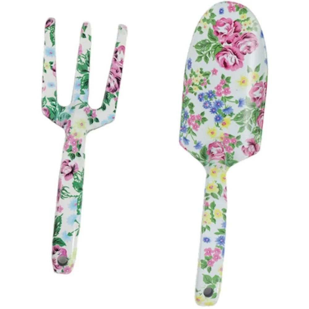 Carvallo GardenSet Trädgårdsverktygssats i rostfritt stål | 2-delad: Handskovel & Blomgaflar | 26–29,5 cm | Blommönster i 6 färger Carvallo