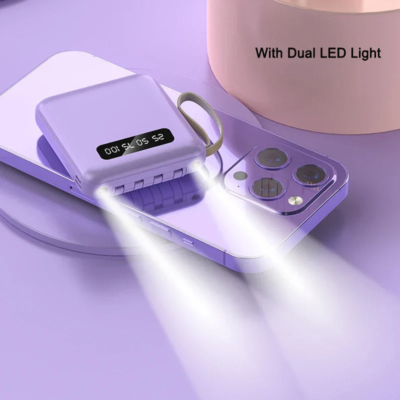 Carvallo-Powerbank med spegeldisplay | 20.000 mAh | Snabb laddningsfunktion & integrerade kablar | För iPhone, Samsung, Xiaomi & mer Carvallo