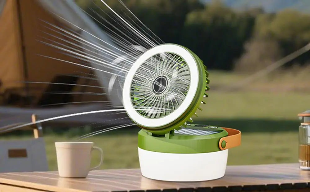 Carvallo Fällbar Sol-Campinglampa med Fläkt 12 × 12 cm | 2-i-1 Tältslampa & Kylfläkt med 4 Ljuslägen | USB & Solarbatteri utomhuskombination Carvallo
