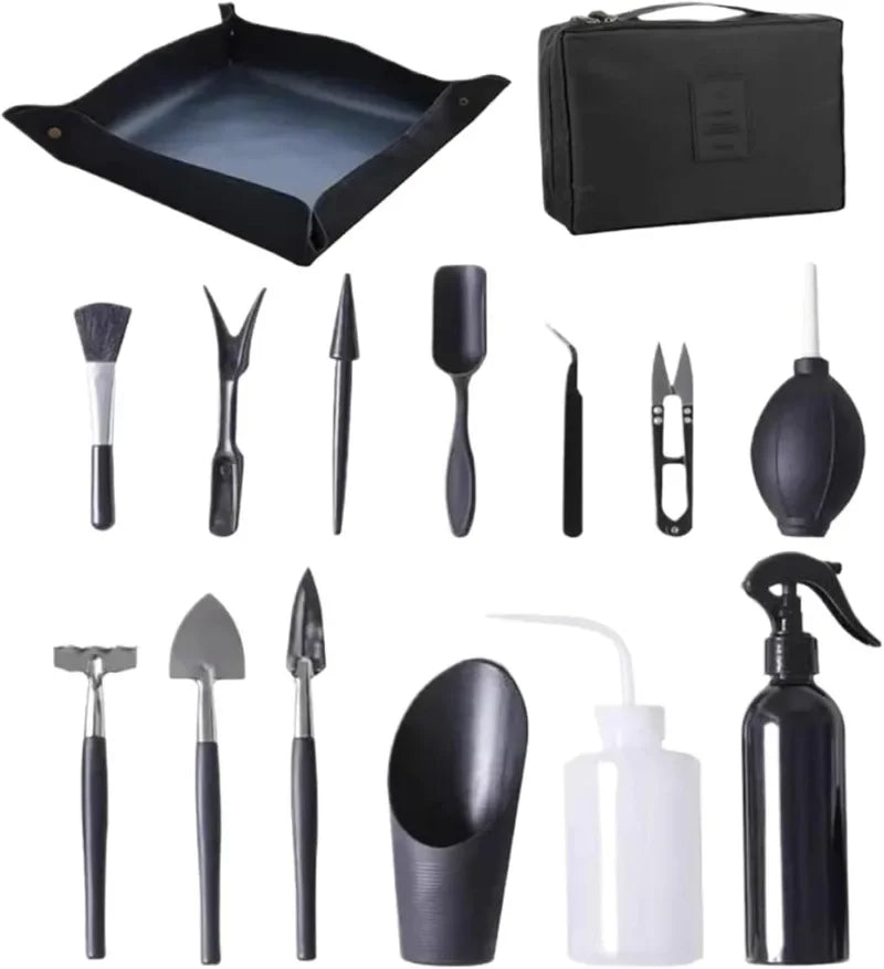 Carvallo MicroGarden Set 15-delat bonsai- & suckulentträdgårdsverktygsset | Med väska & planteringsmatta | För omplantering, beskärning & skötsel Carvallo