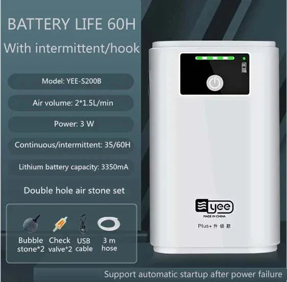 Carvallo SmartOxy Uppladdningsbar Syrepump för Akvarium & Utomhus | Tyst Luftpump med Batteri & USB | Automatisk AC/DC-omkoppling & LED-display Carvallo