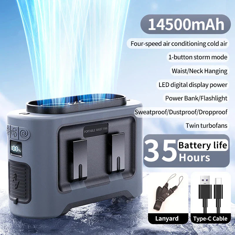 Carvallo StormClip Bärbar Utomhus-Bältesfläkt 2025 | 5-stegs Turbo-Vind | 360° Vridklipp | Powerbank & LED-ljus Carvallo