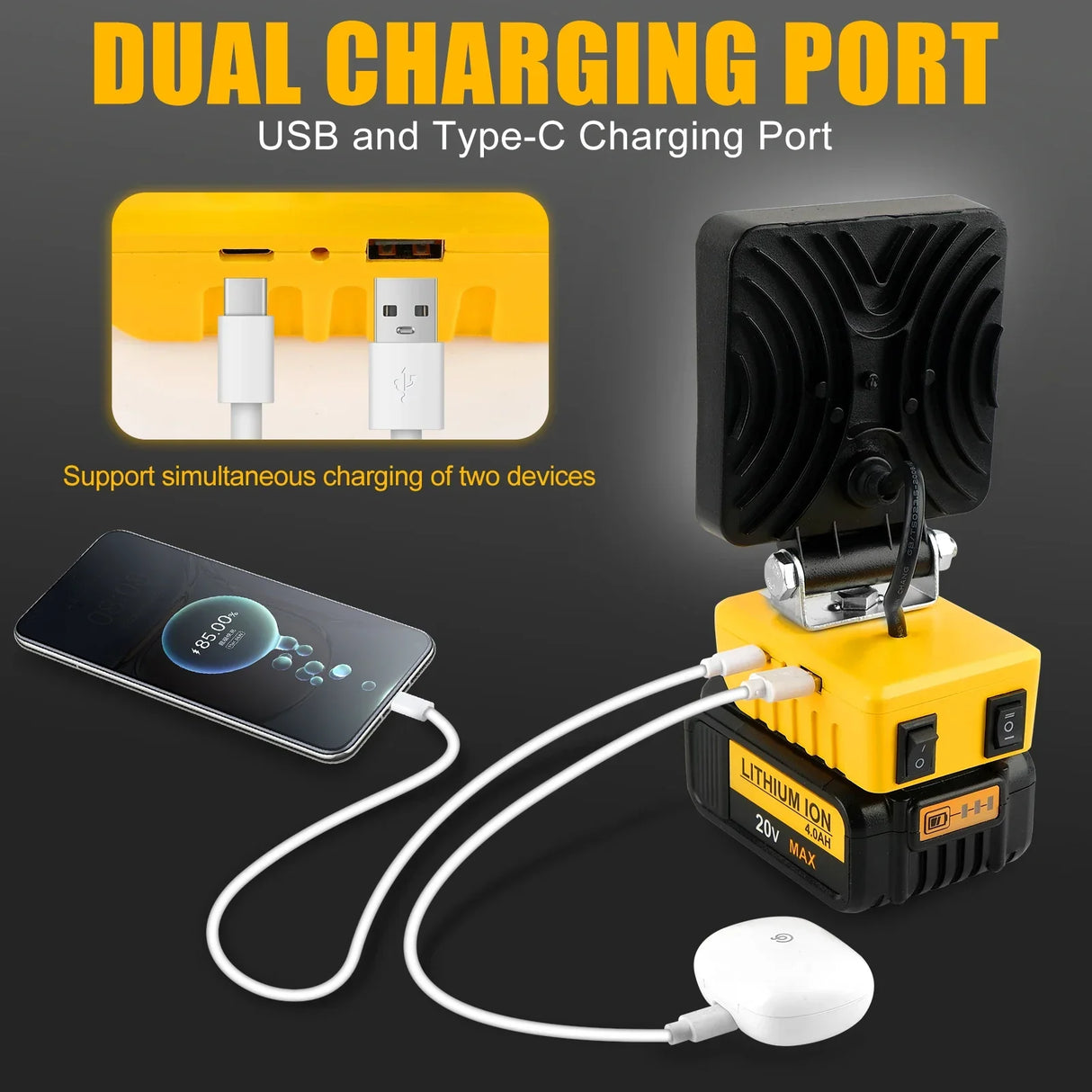 Carvallo 48 LED Arbetsljus | 48W Batteribygglampa | 5200 Lumen | USB-C Laddport | För DeWalt-batterier (utan batteri) Carvallo