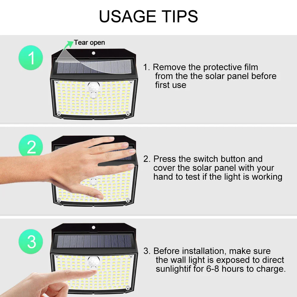 Carvallo Solar Vägglampa 158 LEDs | Rörelse sensor | IP65 Vattentålig | 180° Spridningsvinkel Carvallo