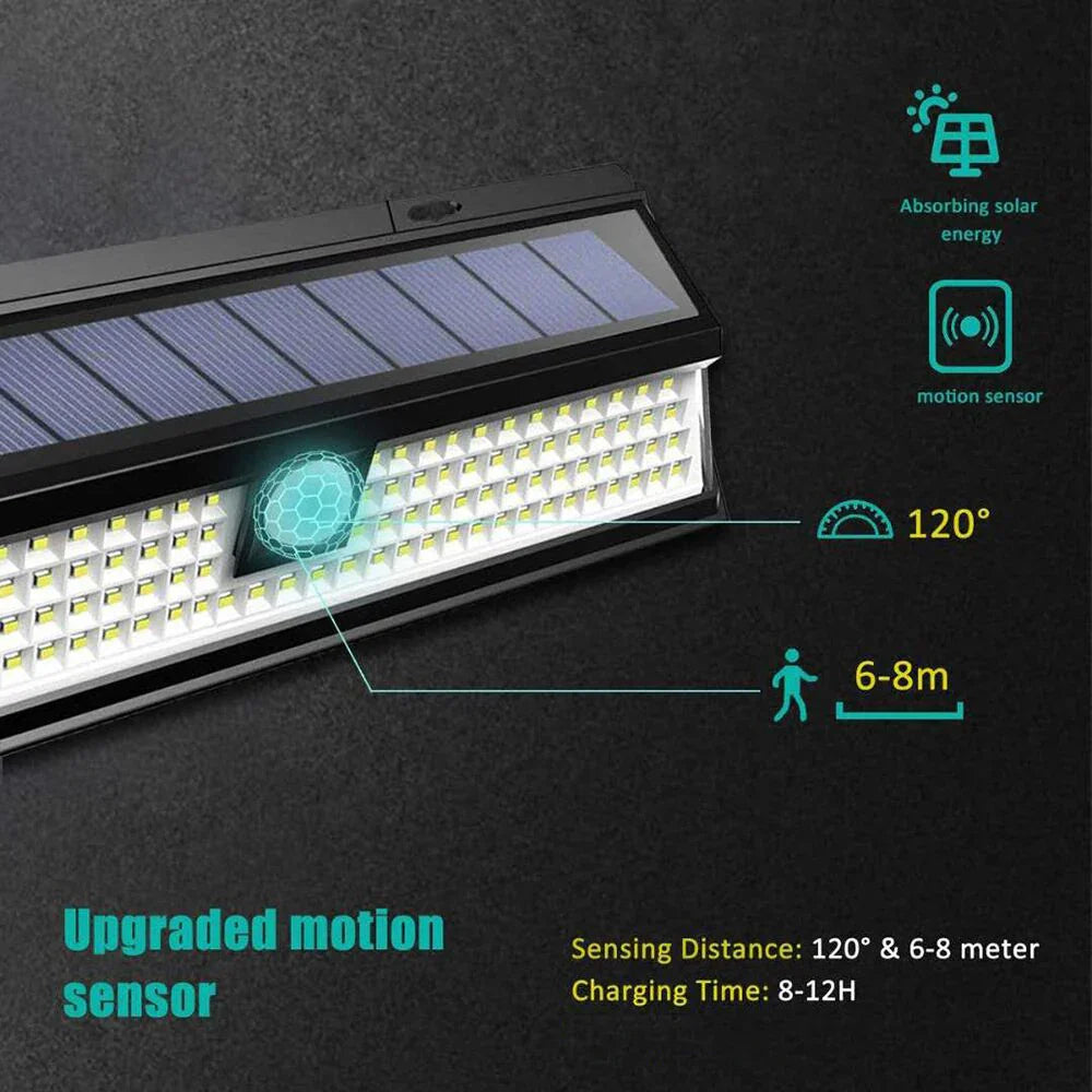 Carvallo 102 Solarlampa utomhus med rörelsesensor | 102 LEDs | 3 belysningslägen | IP65 vattentålig | 270° vidvinkel för gård, trädgård och uppfart Carvallo