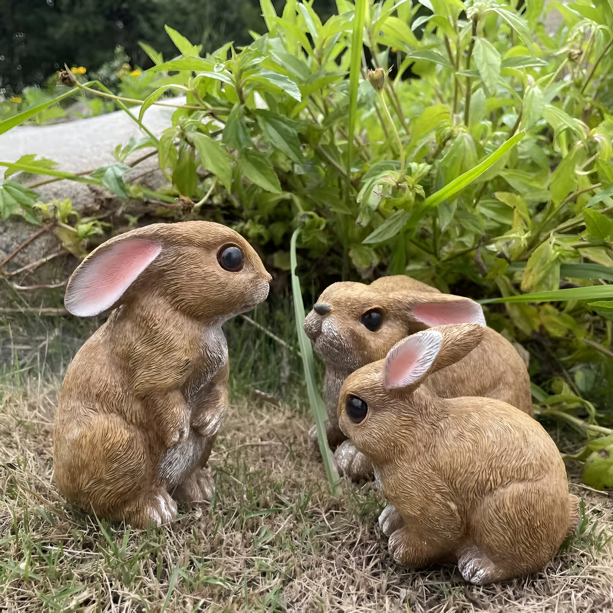HoppyNest Statue - Dekorativt 3-delat kaninträdgårdsstaty-set Carvallo