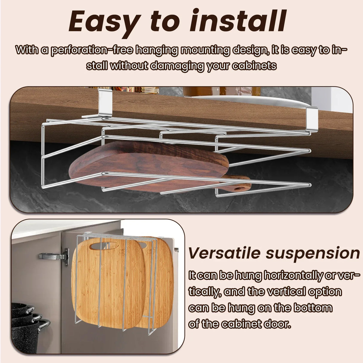 Carvallo Pro | Skärbrädehållare för underskåpsmontering | Rostfritt stål | Utan borrning | En- eller tvålagrig | 26,8 × 25,8 cm Carvallo