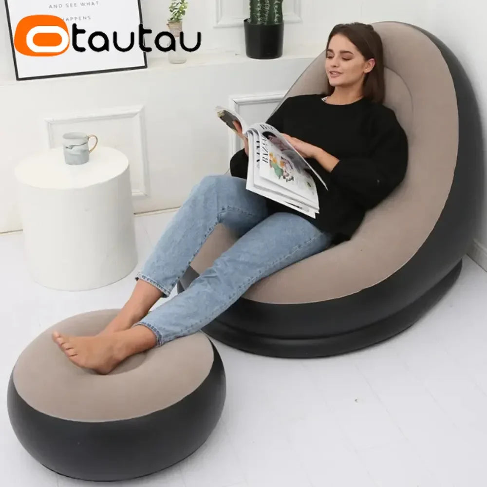 Carvallo Uppblåsbar Lounge Sittmöbel med Fotpall | Utomhus Avkopplingsstol | Ergonomisk & Bärbar | Flocktyg & PVC Carvallo
