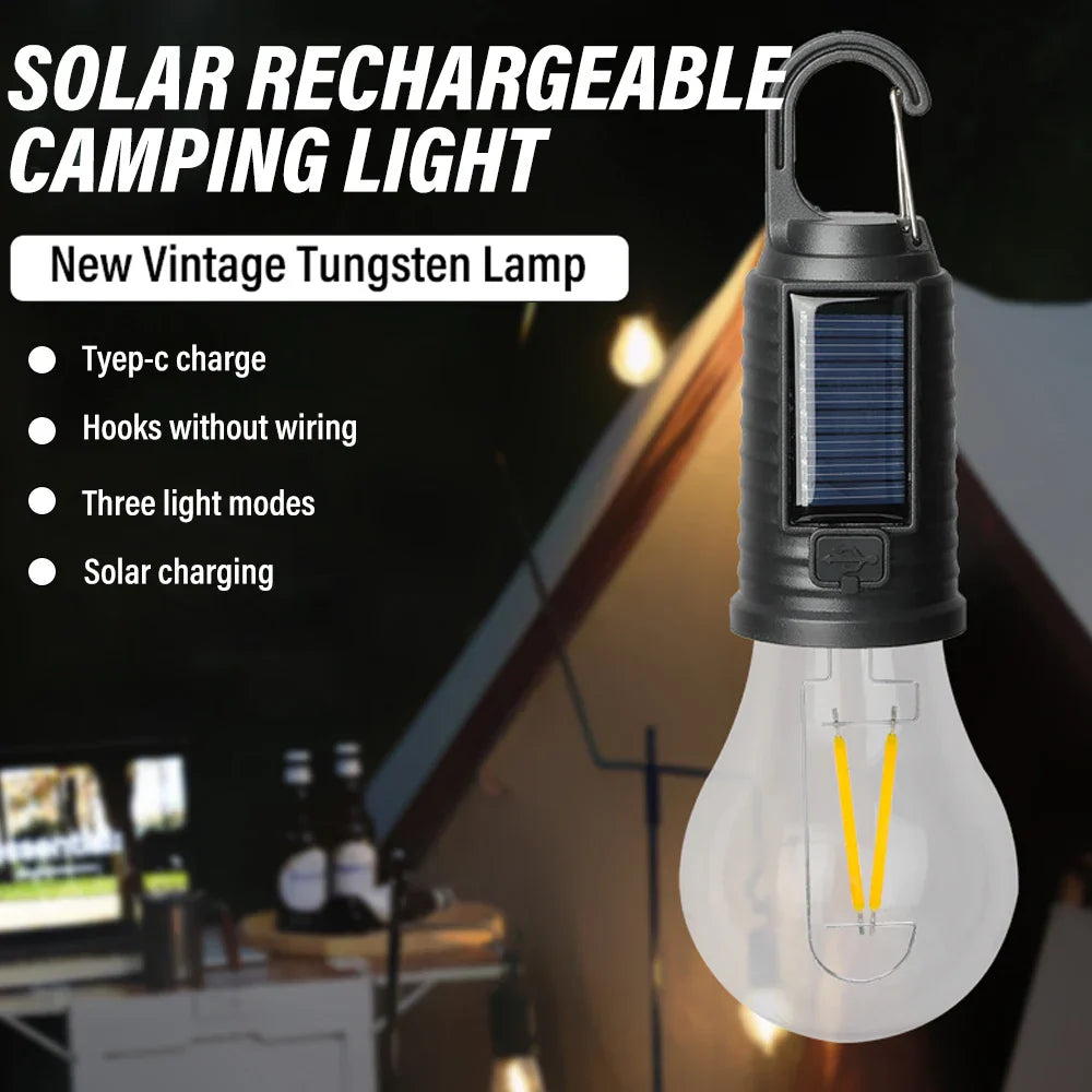 Carvallo Solar Campinglampa Vintage | Återuppladdningsbar via sol & USB | 3 ljuslägen | Bärbar & Vattentålig Carvallo