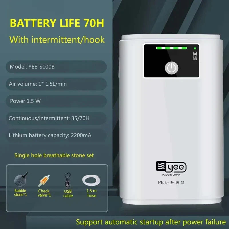 Carvallo SmartOxy Uppladdningsbar Syrepump för Akvarium & Utomhus | Tyst Luftpump med Batteri & USB | Automatisk AC/DC-omkoppling & LED-display Carvallo